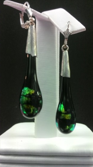 Handmade Black with Blue Green Patches Fancy Glass Earrings